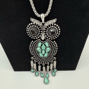 Silver and Turquoise Owl Pendant Necklace